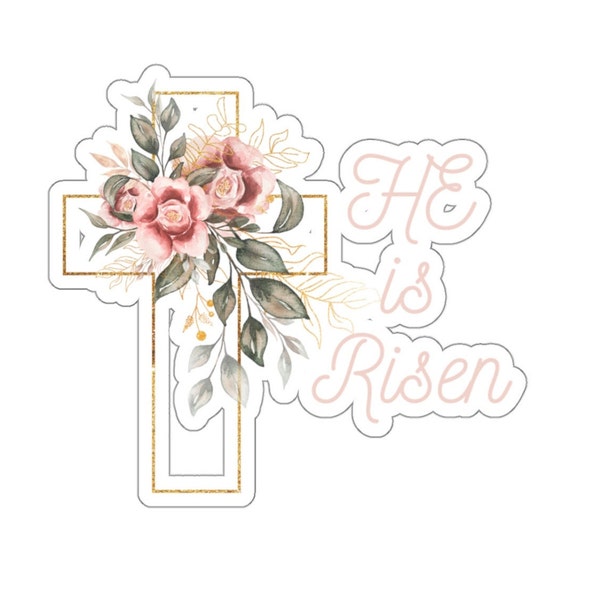He Is Risen Sticker Easter Sticker Cross with Flowers Floral Sticker Christian Religious Resurrection Day Decal Kiss-Cut Sticker Light Pink