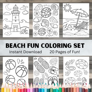 Könnte beinhalten: Ein Malbuch-Set in Schwarzweiß mit Illustrationen zum Thema Strand. Das Set enthält Bilder von einem Leuchtturm, Muscheln, einer Strandszene, Strandbällen, Flip-Flops und Schwimmringen. Der Text lautet "BEACH FUN COLORING SET" und "20 Pages of Fun!"