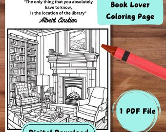 Book Lover Coloring Page: Library with Einstein Quote (PDF Download)