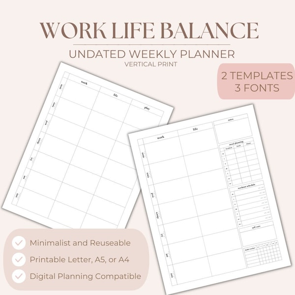 Undated Weekly Planner Portrait Minimalist Printable Planner Digital Download Vertical Planner Bundle Work Life Balance Easy WFH Planner