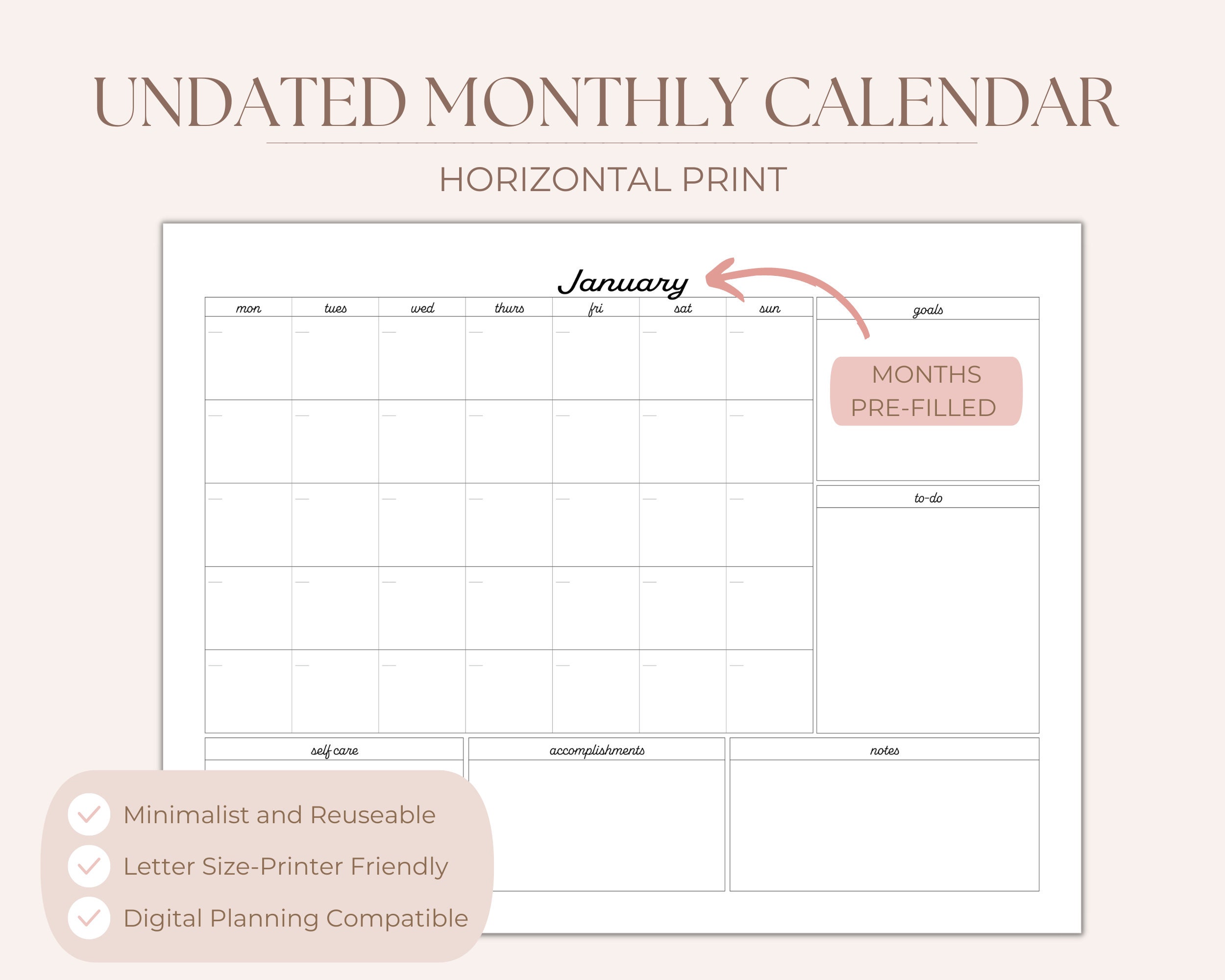 Undated Printable Calendar Printable Monthly Planner Etsy