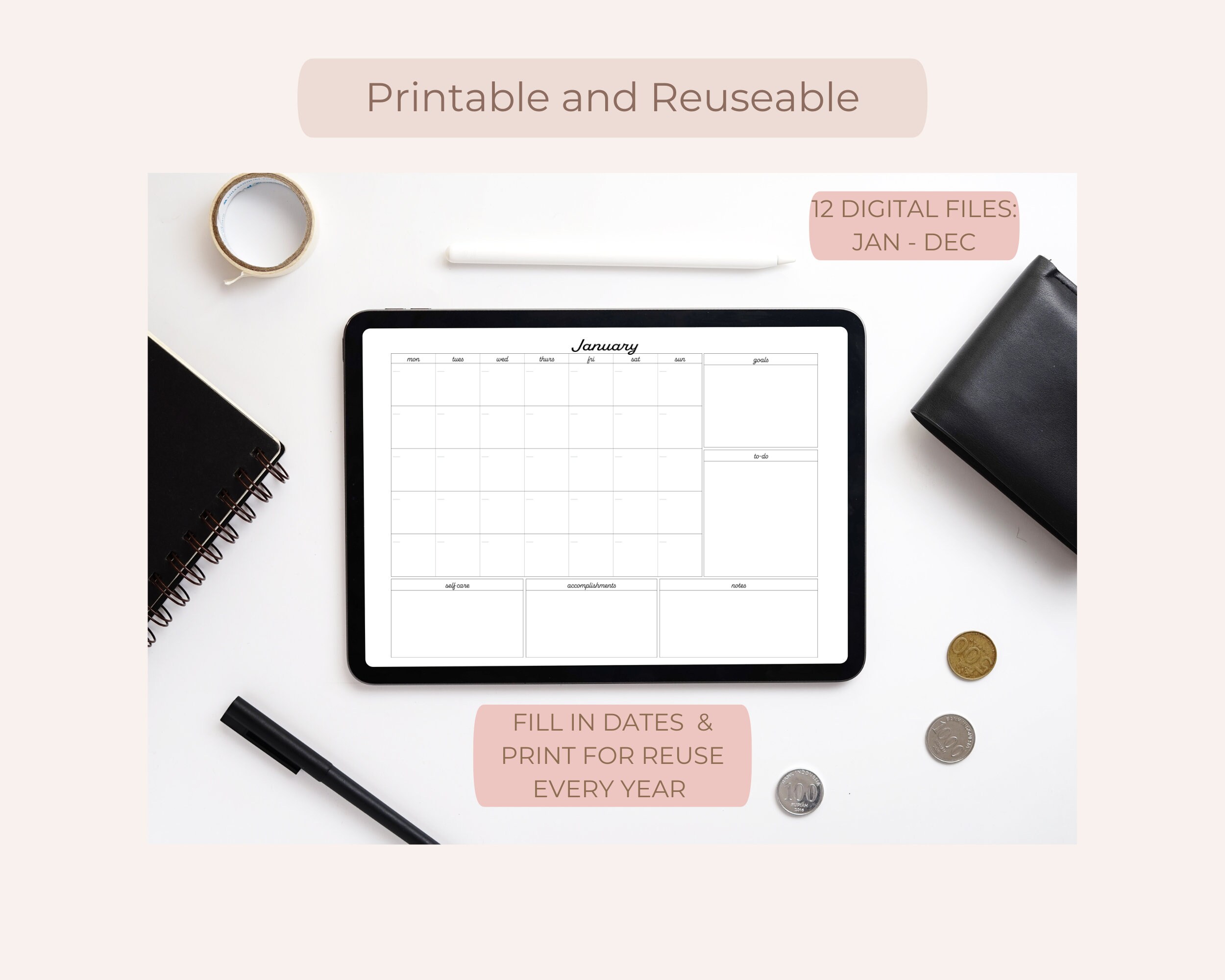 Undated Printable Calendar Printable Monthly Planner Etsy