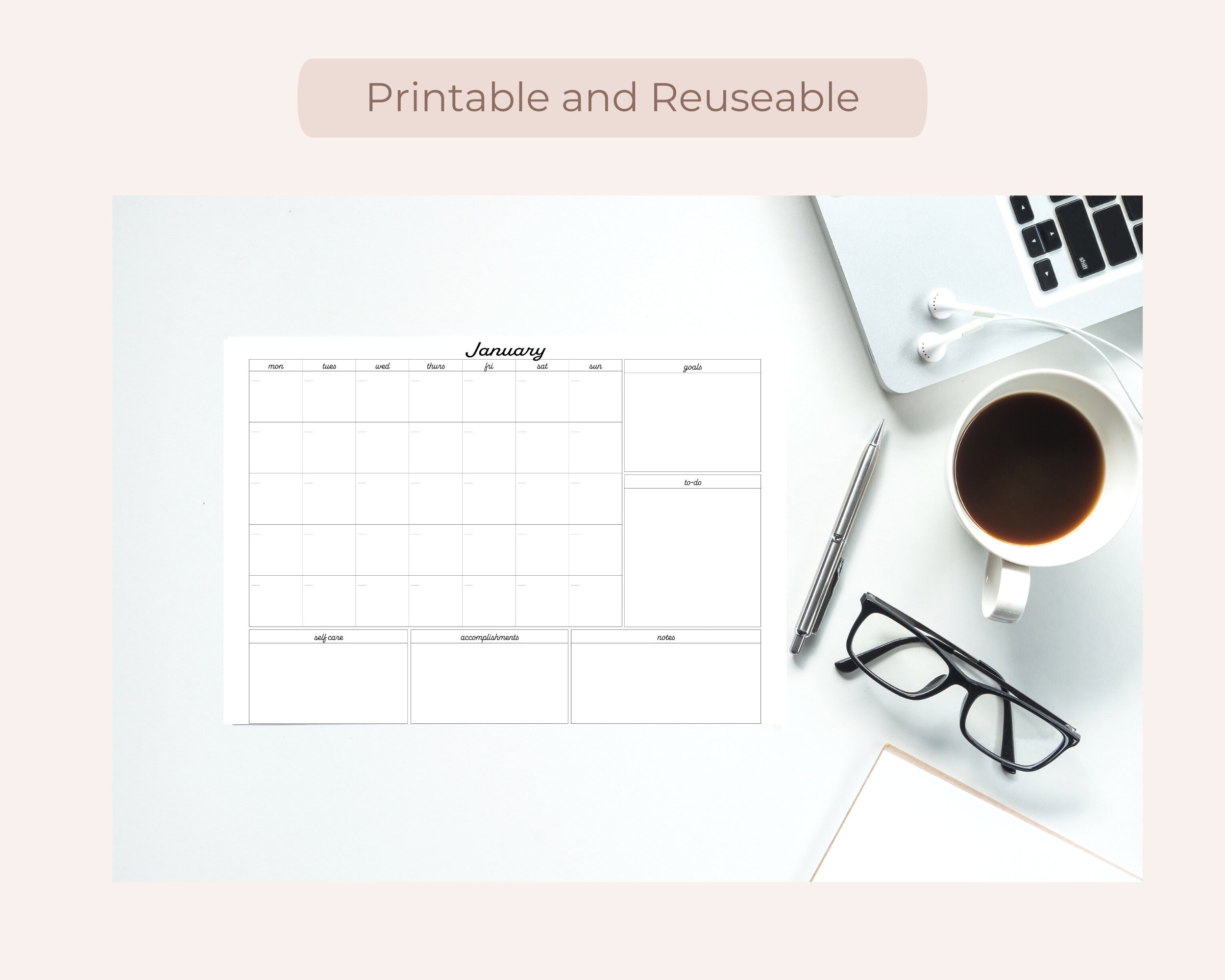 Undated Printable Calendar Printable Monthly Planner Etsy
