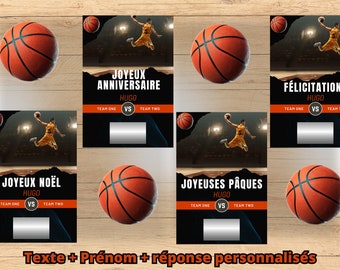 Carte de vœux à gratter personnalisable pour un anniversaire, Noël, Pâques, des félicitations, bon cadeau, sur le thème du sport basket.