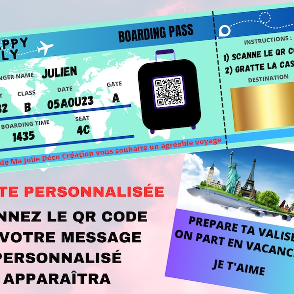 Carte d'embarquement, carte à gratter  QR code pour message personnalisé , billet d'avion, voyage surprise, cadeau original, anniversaire