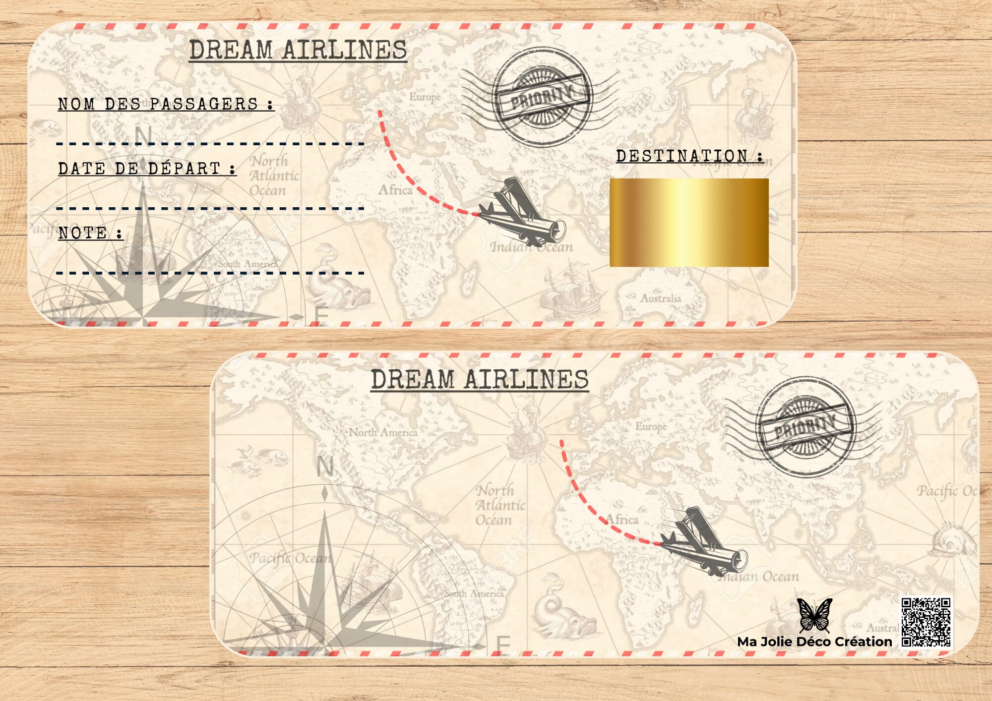 Carte d'embarquement personnalisée, carte à gratter ,billet d'avion