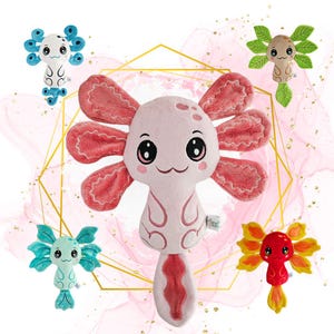 May include: A collection of five plush axolotl toys in various colors including pink, blue, green, and red. Each soft toy features large dark eyes, a smiling mouth, and prominent external gills. The central pink axolotl is the largest figure.