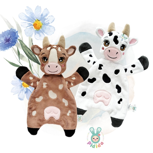 ITH Cow doudou Stuffie Softie Pattern, Machine Embroidery Files, 2 patch patterns in one, with pdf tutorial