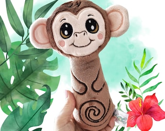 ITH Monkey rattle sensor Toy  Stuffie Softie Pattern, 3 sizes,  Machine Embroidery Files with pdf tutorial