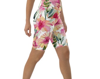 Biker Shorts Polyester Spandex High Waist Butt Lifting Floral Design