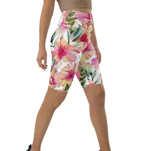 Biker Shorts Polyester Spandex High Waist Butt Lifting Floral Design