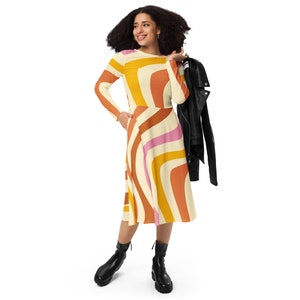 Retro Stripe All-over print long sleeve midi dress