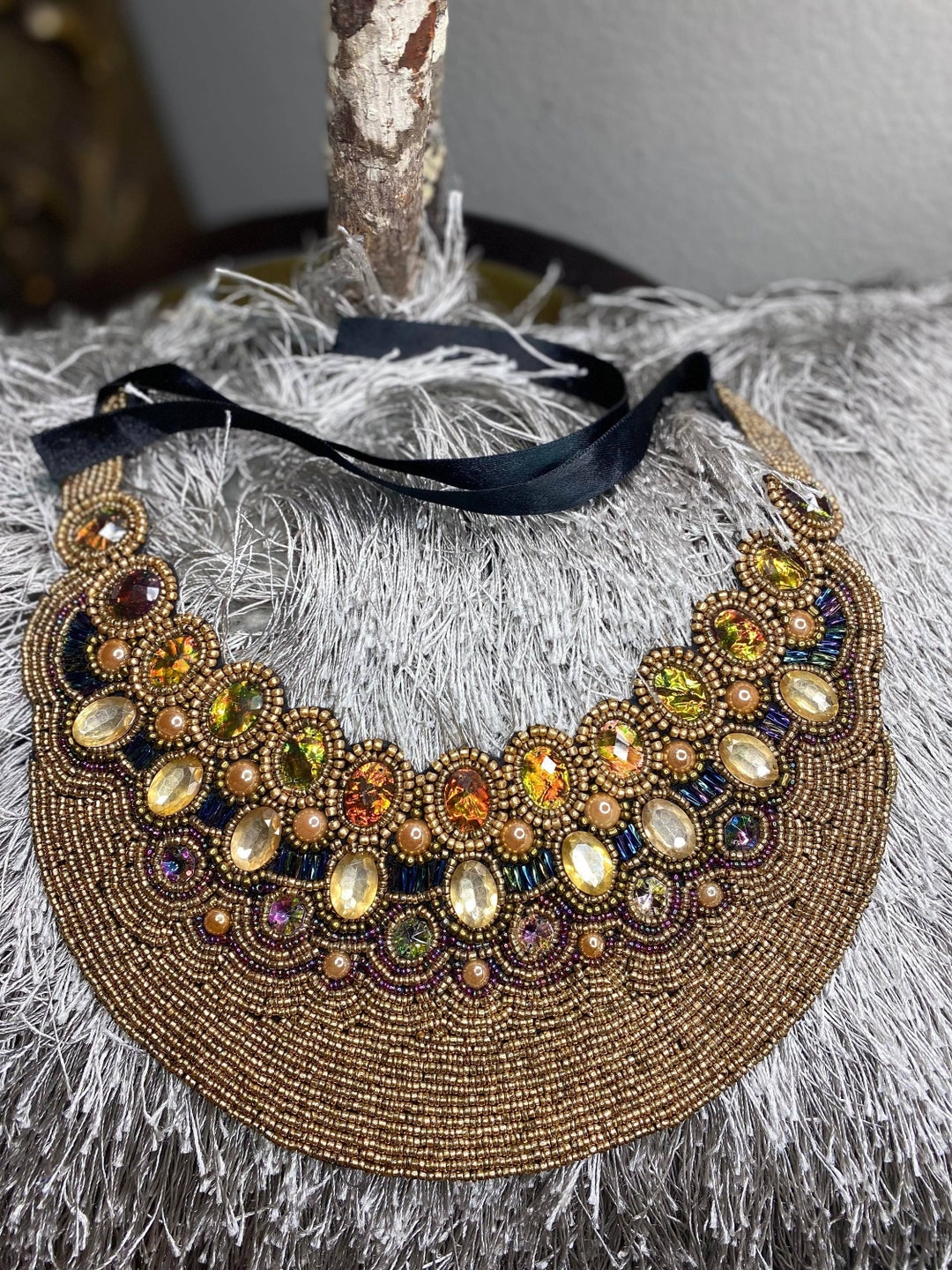 Mycitta Vintage Chunky Statement Jewelry Set - Leaf Floral Bib Necklace & Earrings (Resin, Cubic Zirconia)