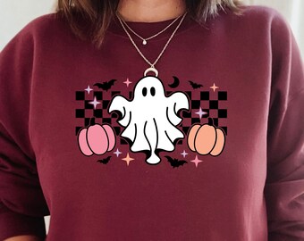 Ghost Checkered background Sweatshirt, Ghost Sweatshirt, Spooky Ghost Sweatshirt, Fall Sweatshirt, Funny Ghost Sweatshirt, boho sweatshirt