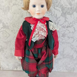 Vintage Brinns Porcelain Boy Doll 14 inch Collectible in Red and Green Tartan, Stand Included