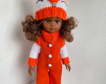 Roupa de raposa feita à mão para boneca Paola Reina de 33 cm: macacão, chapéu e sapatos.