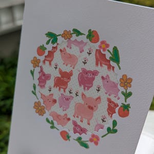 Carte de mignons petits cochons - Carte de voeux en acrylique peinte à la main avec insert en tissu