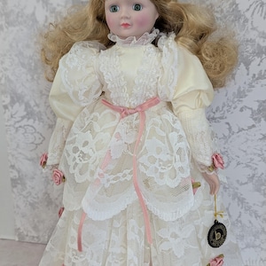 Vintage 1988 Brinn’s Porcelain Doll – 16” Limited Edition, Blonde Hair, Lace Dress, Stand Included