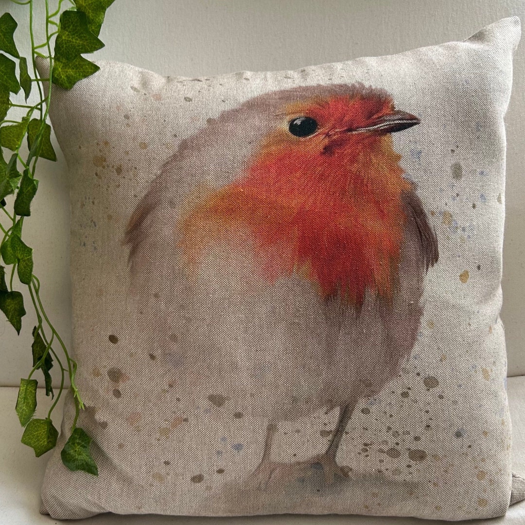 Robin Cushion Cover Linen Look Cotton Robin Bird With Multi Print