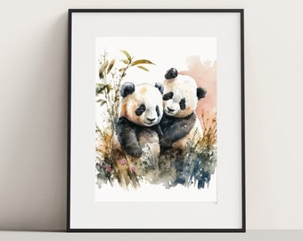 Watercolor Panda Printable Art, Wall Decor, Panda Clipart, Digital Download