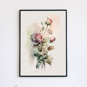 Rose Printable Wall Art, Watercolor Rose, Floral Wall Decor, Pink Roses, Digital Download