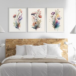 Wildflowers Printable Wall Art, Watercolor Wildflowers, Set of 3, Colorful Flower Decor print, Digital Download
