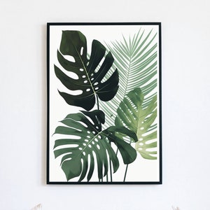 Könnte beinhalten: Ein gerahmter Druck mit einer botanischen Illustration von drei großen grünen Blättern auf weißem Hintergrund.