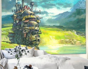 Tapisserie du château ambulant de Howl Art mural de film d'anime Miyazaki, cadeau anime kawai, tapisserie de paysage fantastique, impression de Studio Ghibli, décoration de chambre à coucher