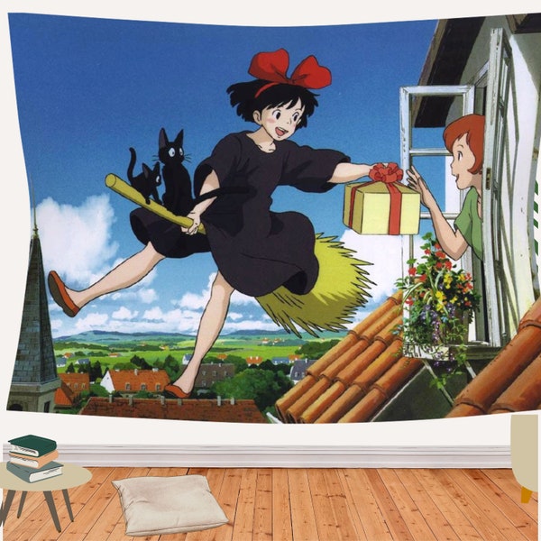 Kiki's Delivery Service Tapestry Miyazaki Wall Art Black Cat Jiji Home Decor Kawaii Witch prints Anime Birthday Party Gifts for Girls