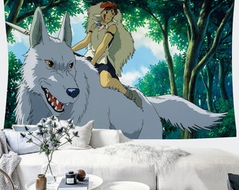 Princesse Mononoké et loup tapisserie Ghibli Studio d'art Anime Hayao Miyazaki décoration murale esprit de la forêt décoration de chambre enfants cadeaux de fête d'anniversaire