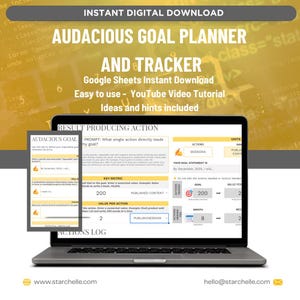 Puede incluir: Un ordenador portátil que muestra una hoja de cálculo de Google Sheets con un fondo amarillo y el texto "Audacious Goal Planner and Tracker". La hoja de cálculo es una plantilla para establecer objetivos con secciones para métricas clave, valor por acción y registro de acciones. El texto "Instant Digital Download" está en la parte superior de la imagen.