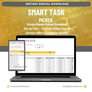 Op de afbeelding: Een laptopcomputer die een Google Sheets-spreadsheet toont met de titel "SMART TASK PICKER". De spreadsheet is een taakbeheersysteem met kolommen voor taak, categorie, tijd besteed aan de taak, frequentie en telefoonvriend. De spreadsheet is ontworpen om gebruikers te helpen snel taken te kiezen om te voltooien.