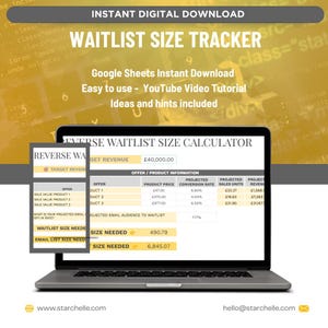 Puede incluir: Una pantalla de computadora portátil que muestra una hoja de cálculo de Google Sheets titulada "Reverse Waitlist Size Calculator". La hoja de cálculo calcula el tamaño de la lista de correo electrónico necesaria para alcanzar un ingreso objetivo de £ 40,000.00. La hoja de cálculo incluye columnas para el precio del producto, la tasa de conversión proyectada, las unidades de ventas proyectadas y los ingresos proyectados.