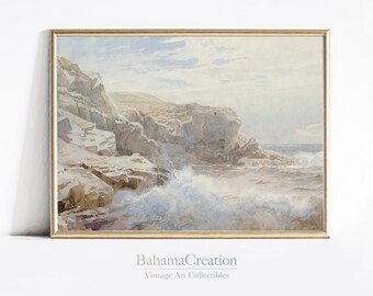 Vintage kustzeegezicht schilderij | Gedempte neutrale muurkunst | Pastel Ocean Beach antieke print | Zachte Toon Vintage Cloud Beach Art PRINTBAAR