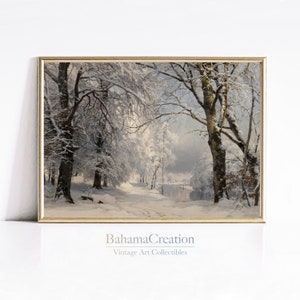 Gedempt winterlandschap sneeuw schilderij | Print met besneeuwde boom | Winterbosprint | Vintage winterprint | Landelijke wintermuurkunst | AFDRUKBAAR