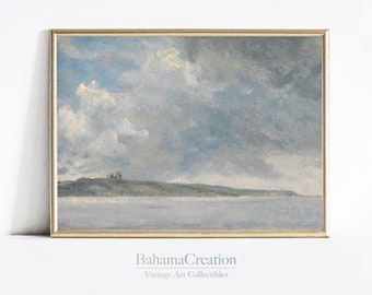 Gedempt strandlandschap olieverfschilderij AFDRUKBAAR | Vintage oceaankunstprint | Landschapsschilderkunst kustwolk | Antiek schilderij strandzeegezicht