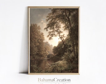 Landscape Art Print | Vintage Landscape Oil Painting | Neutral Green Tree Wall Art | River Landscape Print | Muted Neutral River PRINTABLE