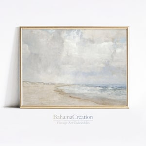 PRINTABLE Vintage Coastal Seascape Painting | Muted Neutral Wall Art | Pastel Beach Antique Print | Soft Tone Vintage Cloud Beach Art