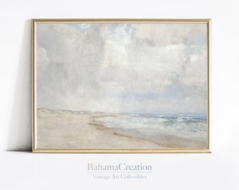 AFDRUKBAAR vintage kustzeegezicht schilderij | Gedempte neutrale muurkunst | Antieke print pastel strand | Zachte vintage wolkstrandkunst