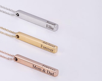 18k Gold Bar Necklace | Personalized 3D Vertical Bar Necklace | Gold Name Necklace | Bar Pendant | Custom Name Necklace | Engraved Necklace