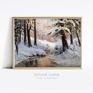 Winterlandschap sneeuw schilderij | Winterbosprint | Besneeuwde boom schilderij | Vintage winterkunstprint | Landelijke winter kunst aan de muur | AFDRUKBAAR