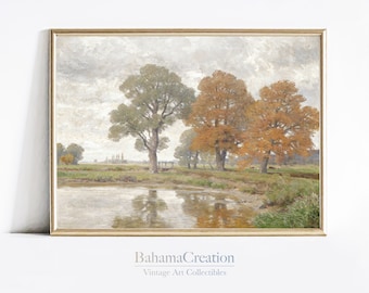 Rustic Country Autumn Landscape Print | Vintage Fall Landscape Oil Painting | Moody Wall Art Digital Print | Fall Lake Wall Art PRINTABLE
