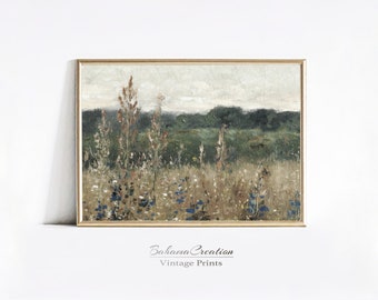 Vintage Neutral Wildflower Landscape Painting | Vintage Gallery Art PRINTABLE | Earth Tone Wall Art | Wall Tapestry | Antique oil Painting