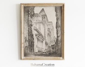 May include: A black and white vintage drawing of a city street with tall buildings. The drawing is framed in a light wood frame.