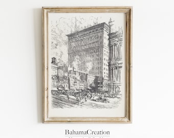 May include: A black and white vintage illustration of a city street scene with tall buildings and a crowd of people. The illustration is framed in a light wood frame.