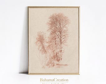ラフでニュートラルなヴィンテージ風景画、アンティークな木の絵、植物