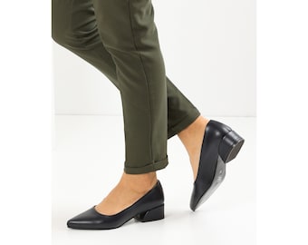 Navy Blue Chunky Heels - Versatile Pointed Women's Shoes for Weddings, Special Occasions, and Office Wear. Comfy & Stylish