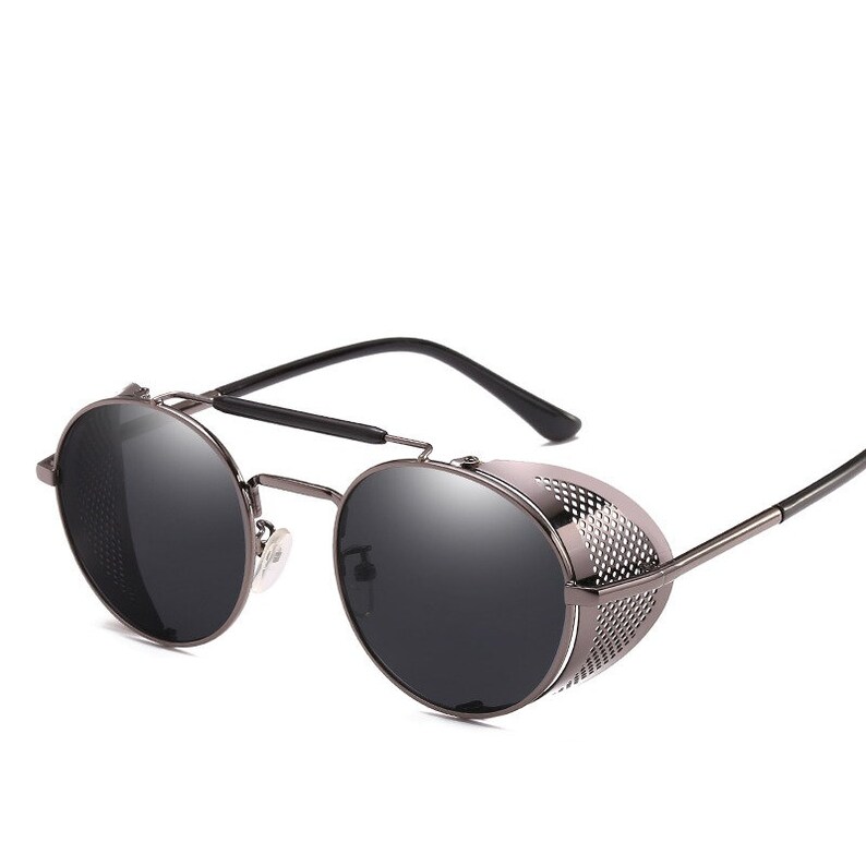 Gafas de sol Retro Steampunk, marco de parabrisas con personalidad, película de Color redondo, lentes geniales reflectantes, gafas de caballero, protección UV400 Gray