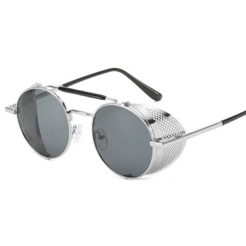 Gafas de sol Retro Steampunk, marco de parabrisas con personalidad, película de Color redondo, lentes geniales reflectantes, gafas de caballero, protección UV400 Silver Gray