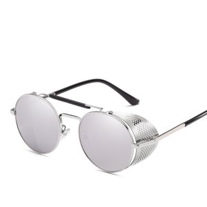 Gafas de sol Retro Steampunk, marco de parabrisas con personalidad, película de Color redondo, lentes geniales reflectantes, gafas de caballero, protección UV400 Silver Silver
